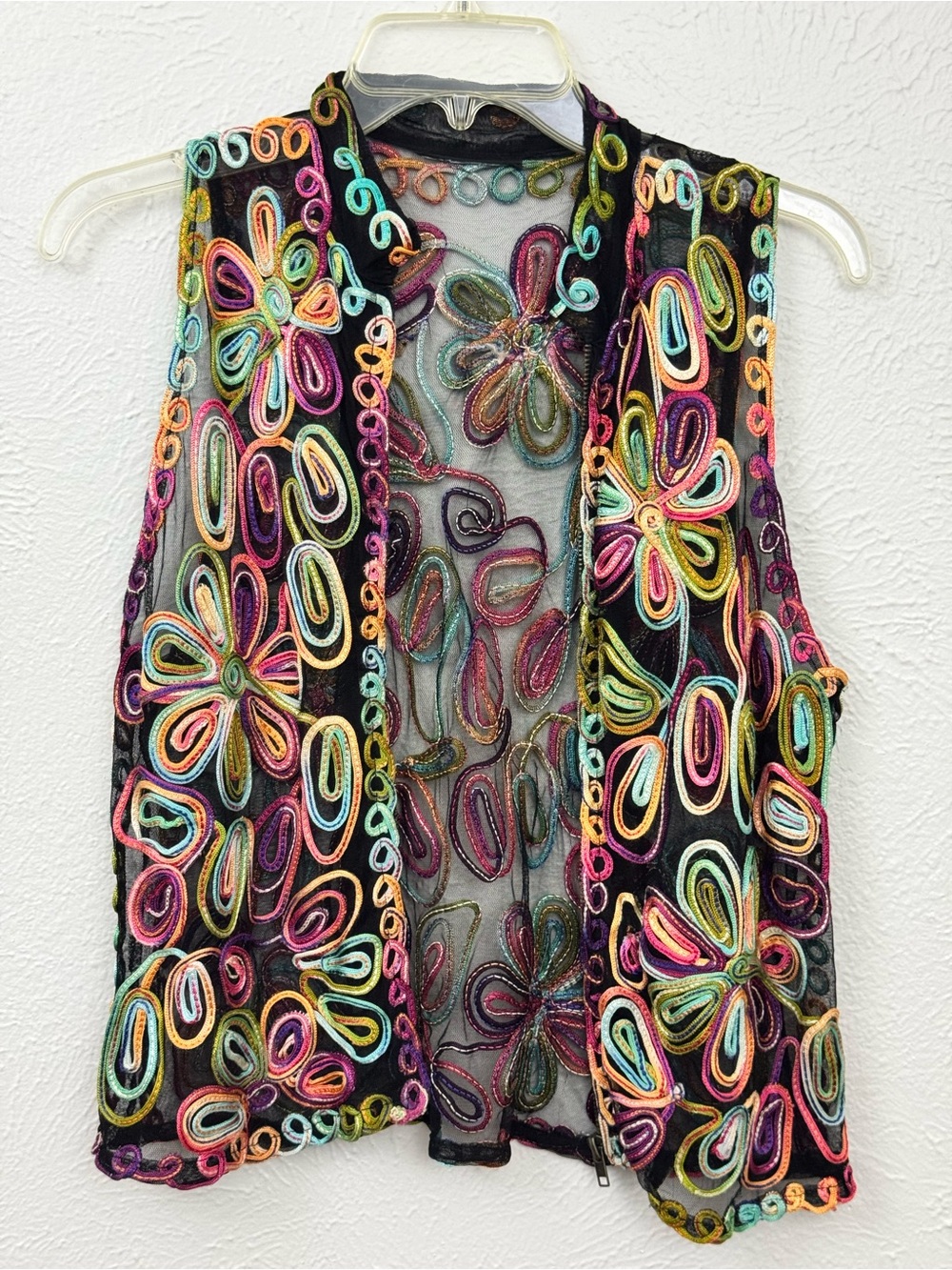 Vintage Style Embroidered Mesh Vest Multicolor Floral Black Boho Statement